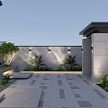 Modern Garden With Outdoor Dining Set Umbrella Stone Paving Lighting And Green Plants