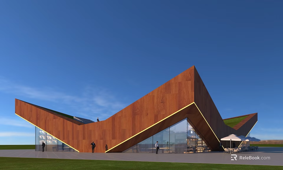 Modern Geometric Building With Rustic Metal Facade Glass Windows Green Lawn And Blue Sky 3d model 