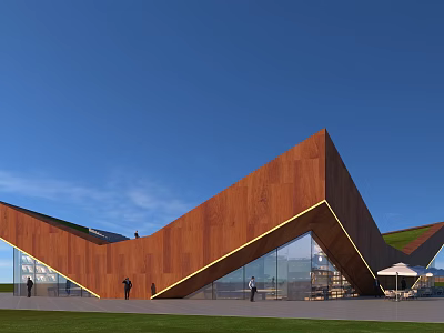 Modern Geometric Building With Rustic Metal Facade Glass Windows Green Lawn And Blue Sky 3d model