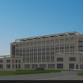 Modern Light Colored Multi Story Office Building With Large Windows Green Lawn And Blue Sky