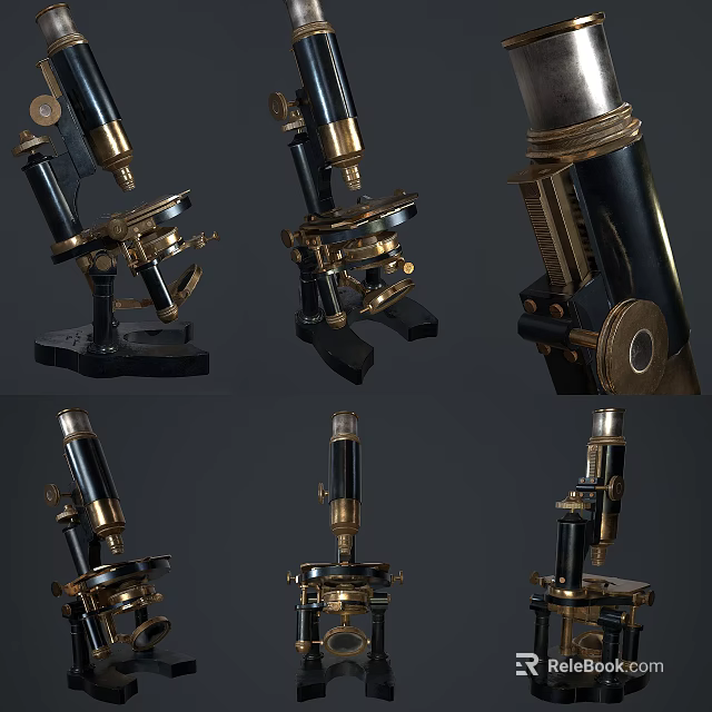Vintage Medical Equipment Microscope With Brass And Black Design Multiple Angles 3d model 