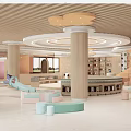 Modern School Interior With Indoor Playground Colorful Columns Bookshelves And Soft Seats