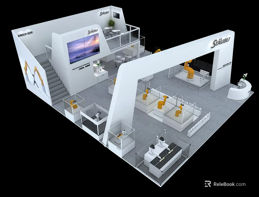 Schleuniger Exhibition Booth With Modern Design Staircase Display Screen And Robotic Arms 3d model 