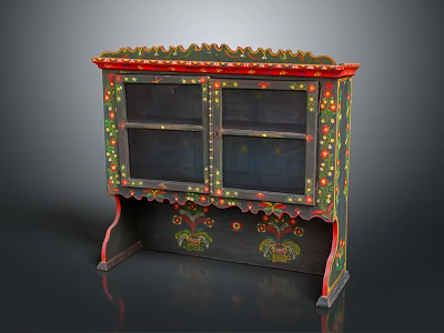 Traditional Handcrafted Cabinet With Black Body Colorful Painted Decorations And Glass Doors 3d model