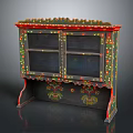 Traditional Handcrafted Cabinet With Black Body Colorful Painted Decorations And Glass Doors