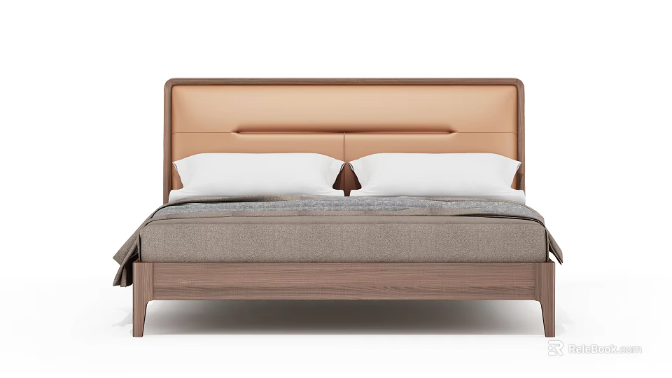 Modern Double Bed Featuring Wooden Frame Upholstered Beige Headboard White Pillows And Gray Bedding 3d model 