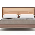 Modern Double Bed Featuring Wooden Frame Upholstered Beige Headboard White Pillows And Gray Bedding