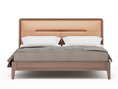 Modern Double Bed Featuring Wooden Frame Upholstered Beige Headboard White Pillows And Gray Bedding 3d model
