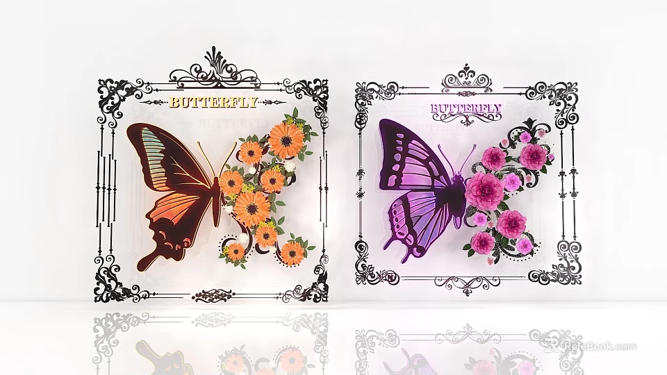 Artistic Plant Combination With Orange Pink Flowers Butterfly Accents And Decorative Frames 3d model 