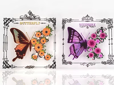 Artistic Plant Combination With Orange Pink Flowers Butterfly Accents And Decorative Frames 3d model