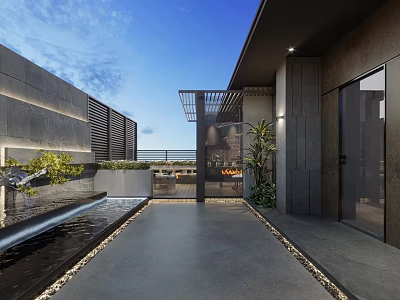 Modern Roof Garden Design With Green Plants Water Feature And Seating Area 3d model
