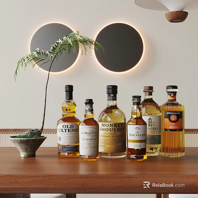 Whiskey Bottles and Wine Glasses on Wooden Table with Decorative Circular Lights and Palm Plant 3d model 