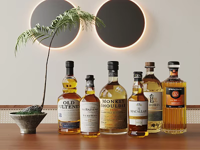 Whiskey Bottles and Wine Glasses on Wooden Table with Decorative Circular Lights and Palm Plant 3d model