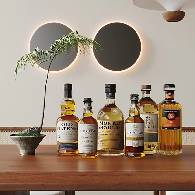 Whiskey Bottles and Wine Glasses on Wooden Table with Decorative Circular Lights and Palm Plant 3d model