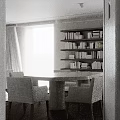Minimalist Living And Dining Room Interior With Bookshelves Dining Table Chairs And Rug
