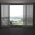 Layered Beige Curtains with Sheer Panels for Scenic Window Interior View