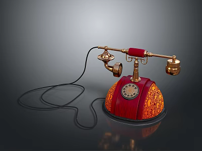 Vintage Electronic Telephone with Red and Gold Decorative Design and Old Fashioned Dial 3d model