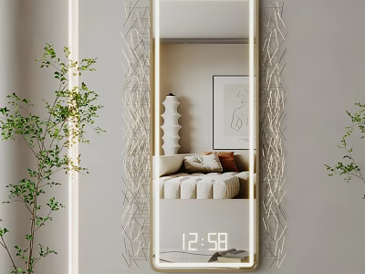 Decorative Wall Mirror With Geometric Frame Digital Clock Display And Living Room Plants 3d model