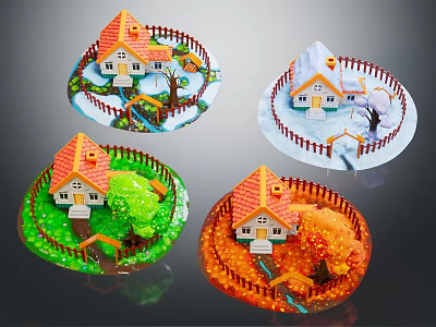 Cartoon Scenes of Seasonal Cottages with Red Roofs White Walls Fences and Trees 3d model