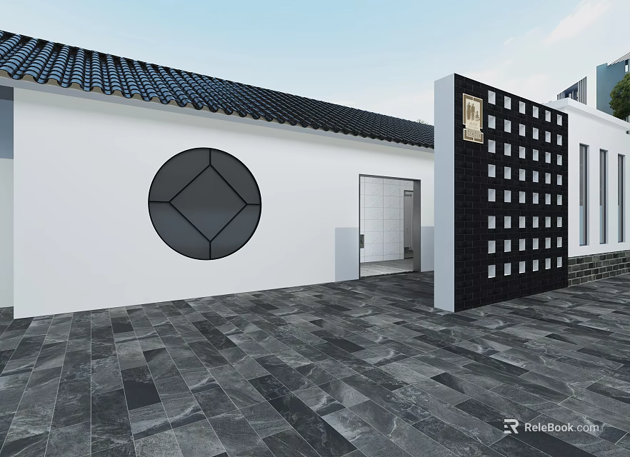 Traditional Chinese Courtyard Entrance With White Wall Black Tiled Roof And Circular Window 3d model 