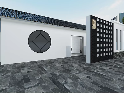 Traditional Chinese Courtyard Entrance With White Wall Black Tiled Roof And Circular Window 3d model