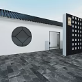 Traditional Chinese Courtyard Entrance With White Wall Black Tiled Roof And Circular Window