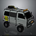 Light Gray Off-Road Van With Roof Rack Black Cargo Yellow Lights And Off-Road Tires