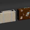 Two Vintage Suitcases White With Brown Straps And Brown With Travel Stickers