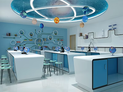 Modern Laboratory Interior With Starry Ceiling Planet Models White Benches And Blue Walls 3d model