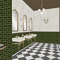 Commercial Street Interior With Two Floors Brick Walls Chandeliers Arched Doorways And Tables