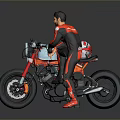 Vintage Black Motorcycle With Person In Red And Black Outfit Mounting Classic Headlight And Large Tire