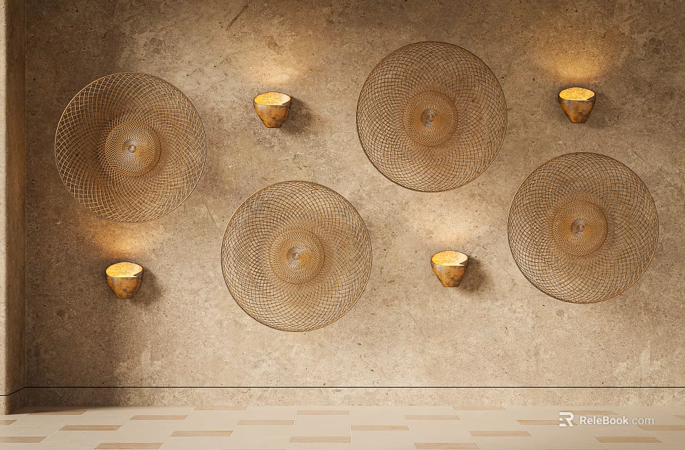 Woven Round Wall Decor With Gold Wall Sconces On Stone Textured Interior Wall 3d model 