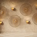 Woven Round Wall Decor With Gold Wall Sconces On Stone Textured Interior Wall 3d model