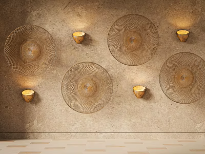 Woven Round Wall Decor With Gold Wall Sconces On Stone Textured Interior Wall 3d model