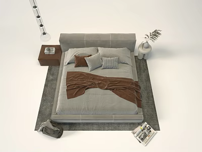 Modern Gray Double Bed with Pillows Brown Blanket Nightstands and Vase Plant on Rug 3d model