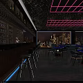 Modern Bar Interior With Neon Decor City Skyline View And Blue Lighting