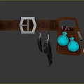Brown Leather Bag With Silver Buckle Feather Decorations And Blue Bottles