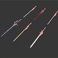 Decorative Swords Display With Colored Blades And Ornate Hilt Details