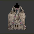 Vintage Corset Dress With Pink Floral Decorations And Ruffled Skirt On Black Mannequin