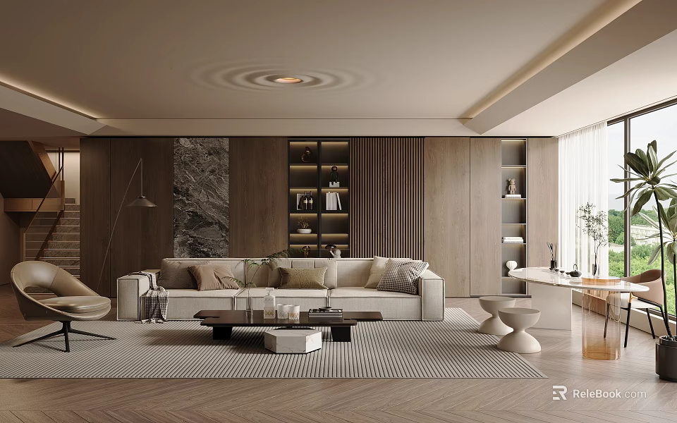 Elegant Modern Living Room Interior With Beige Sofa Wooden Bookshelves And Area Rug 3d model 
