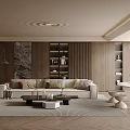 Elegant Modern Living Room Interior With Beige Sofa Wooden Bookshelves And Area Rug