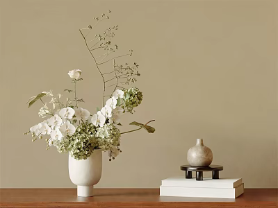 White Vase with White and Green Flowers on Wooden Table Beige Wall Background 3d model