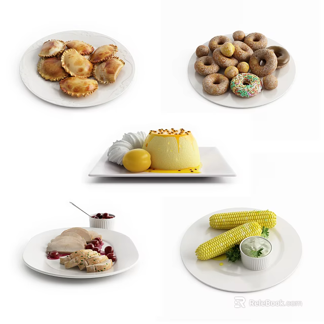 Assorted Delicious Food Plates With Pastries Donuts Lemon Pudding Turkey And Corn 3d model 