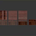 Red Wooden Cabinets With Various Styles Drawers And Open Shelves Arranged On Gray Reflective Surface