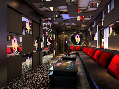 Stylish KTV Interior With Red Sofas Mirror Walls Ceiling Lights And Leopard Print Carpet 3d model