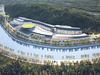 Aerial Planning of Modern Riverfront Complex with Forest Greenery and Circular Roof Buildings 3d model