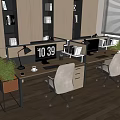 Modern Office Desk Setup With Computer Desk Lamp Green Plants Wooden Bookshelves And Window Blinds