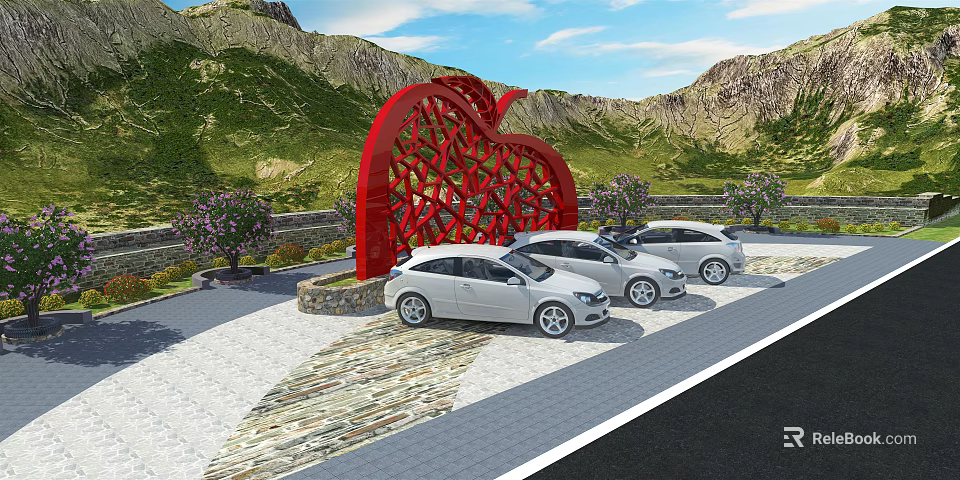 Scenic Parking Lot With Red Heart Shaped Sculpture White Cars And Mountain View 3d model 
