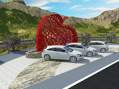 Scenic Parking Lot With Red Heart Shaped Sculpture White Cars And Mountain View 3d model