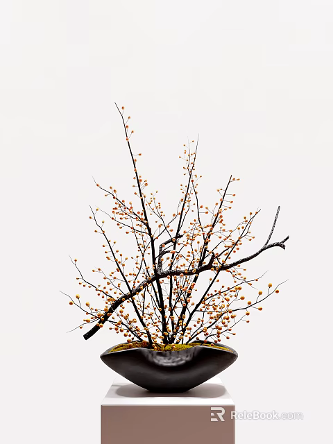 Decorative Bonsai Tree with Thin Branches and Small Orange Fruits against White Background 3d model 